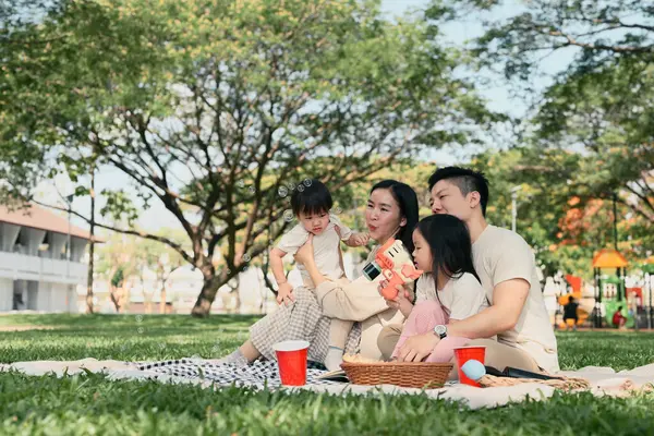 Mutlu bir aile parkta piknik yapıyor ve baloncuklarla oynuyor..