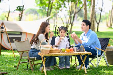 Neşeli aile dışarıda kamp kuruyor, abur cuburları paylaşıyor ve parkta çadırın yanında kaliteli zaman geçiriyor...