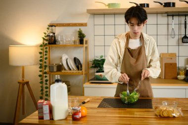 Genç Asyalı adam modern mutfakta sağlıklı sebze salatası hazırlıyor..