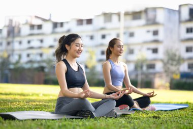 İki genç kadın açık hava parkında yoga yapıyor..