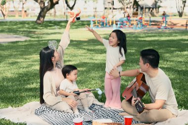 Parkta piknik yaparken baloncuklarla oynayan mutlu bir aile..