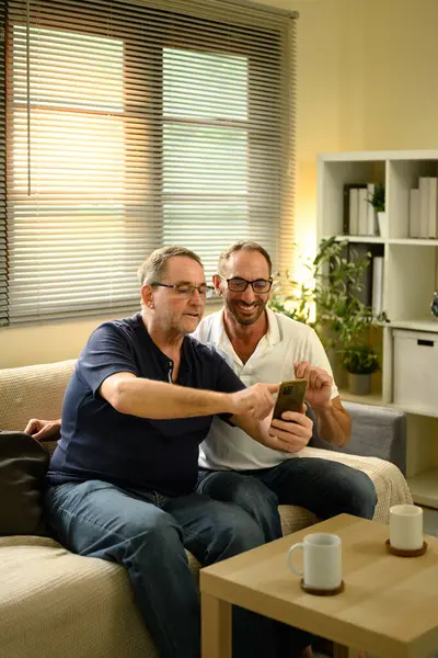 Son sınıf öğrencisi ve yetişkin oğlu oturma odasında cep telefonuna bakarken gülüyorlar. Babalar Günü konsepti.