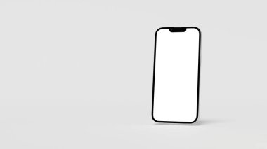 Temiz, hafif bir arkaplan üzerinde boş beyaz ekran ile akıllı telefonun 3B görüntüsü..
