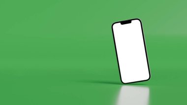 Canlı yeşil bir arka planda yüzen beyaz ekranlı akıllı telefon modeli.