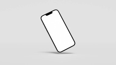 Asgari gri arkaplan üzerinde yüzen boş beyaz ekranlı akıllı telefon.