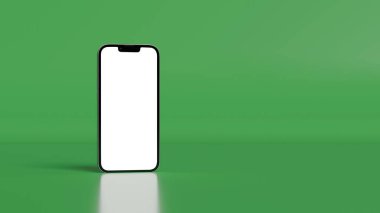 Beyaz ekranlı modern akıllı telefon yeşil arkaplanda dikiliyor.