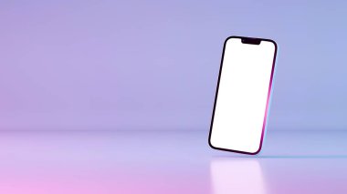 Gelecekçi mor eğimli arka planda yüzen boş beyaz ekranlı modern akıllı telefon..