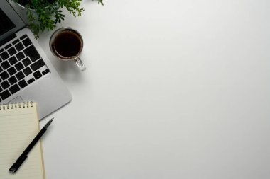 Dizüstü bilgisayarı, defteri, kahve fincanı ve yeşil bitkisi olan temiz beyaz masa..