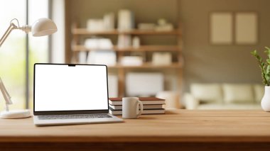 Modern çalışma alanının, dizüstü bilgisayarı tahta masa boş ekranda tasarım modellemesi için 3B görüntüsü.