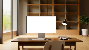 3D, boş bilgisayar ekranlı modern ofis masası ve minimalist iç mekanlı masa lambası..