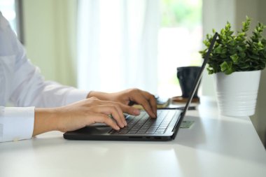 Gündüz vakti dizüstü bilgisayarda yazı yazan ofis çalışanının yan görünümü.