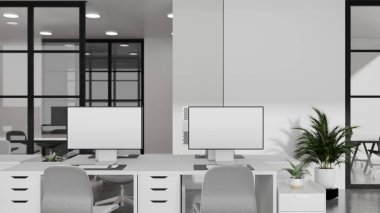Beyaz masalar, büyük bilgisayar monitörleri ve saksı bitkileriyle modern minimalist ofis çalışma alanının 3D görüntülenmesi.