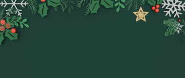 Bayramlık 3D kağıt, mevsimlik yeşillik, çobanpüsküllü, ökseotu ve kar tanesi süslemeleri içeren Noel arkaplanını kesti.