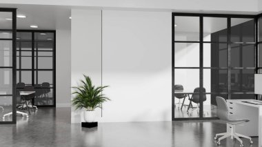 Temiz tasarım, toplantı odası ve parlak ışıklandırma ile çağdaş ofisin gerçekçi üç boyutlu çizimi.