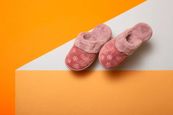 Pink Warm Women Slippers Colored Background — Stock Photo, Image