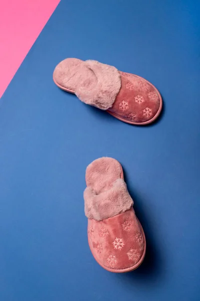 Pink Warm Women Slippers Blue Background — Stock Photo, Image