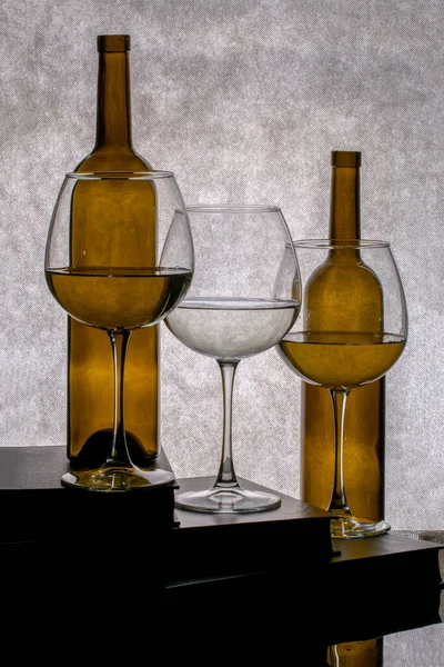 Still Life Books Empty Bottles Glasses Liquid — Stock Photo, Image