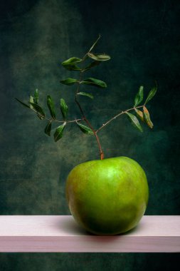 Still life with a green apple and a branch with leaves