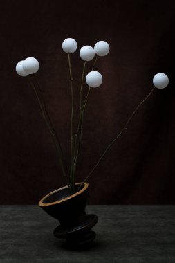 Kahverengi vazoda beyaz toplarla dolu bir hayat