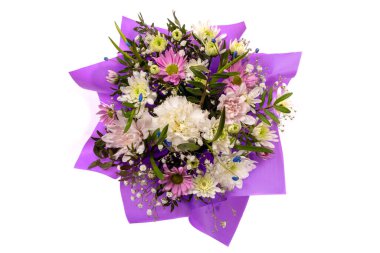 Güzel buket çiçek beyaz bir arka planda Üstten Görünüm