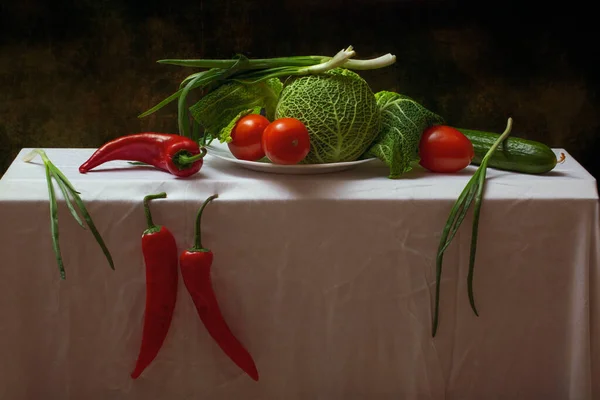 Zátiší Zelím Rajčaty Okurkou Červeným Pepřem — Stock fotografie
