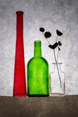 Renkli şişeler ve kurumuş dallarla dolu bir hayat