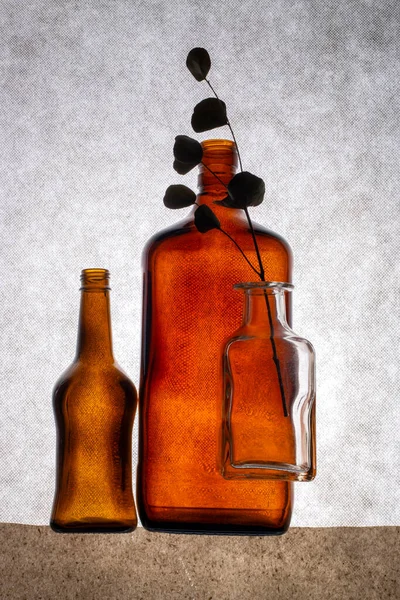 Stillleben Mit Farbigen Flaschen Und Einem Getrockneten Zweig — Stockfoto