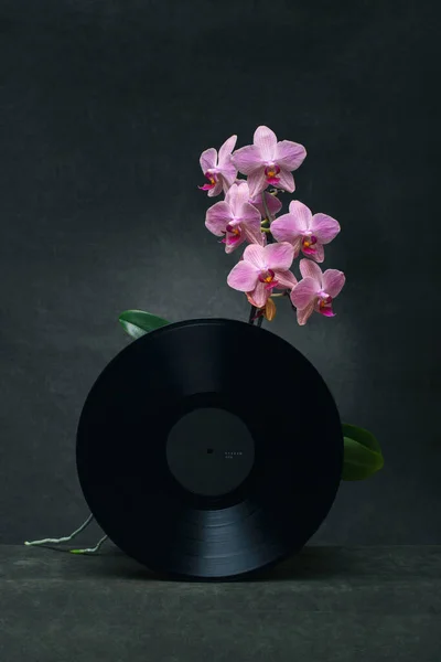 Zátiší Orchidejí Vinylovou Deskou — Stock fotografie