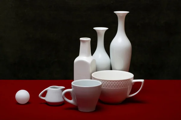 Still Life White Dishes Red Table — Stock Photo, Image
