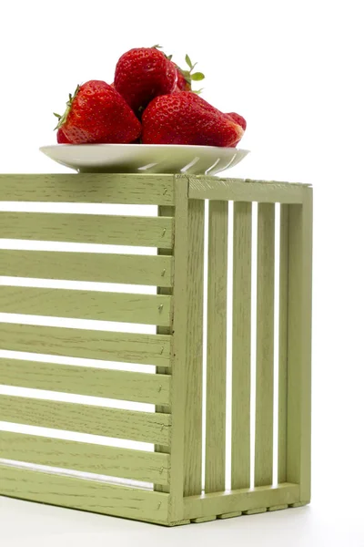 Red Ripe Strawberries Plate Box — Stock Photo, Image