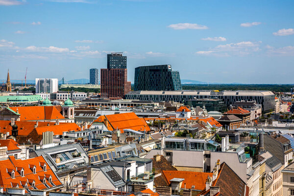 Vienna, Austria - June 13, 2023: View of Vienna from the observation deck of St. Stephen's Cathedral