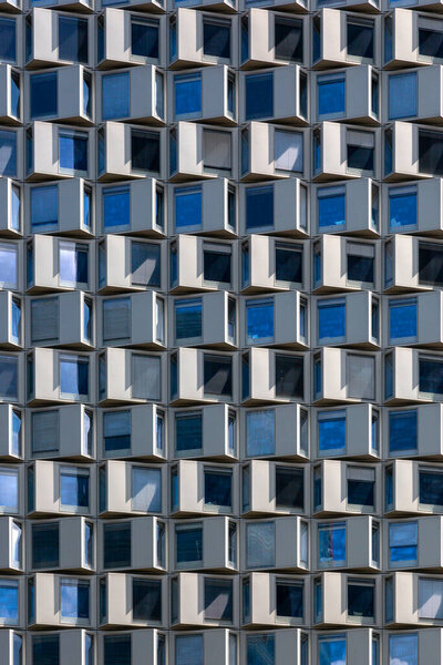 Vienna, Austria - June 14, 2023: The facade of a modern multi-storey building in the Seestadt residential complex in Vienna