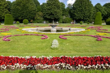 Viyana, Avusturya - 15 Haziran 2023 Schoenbrunn Palace Park 'taki ara sokakta çiçek tarhı
