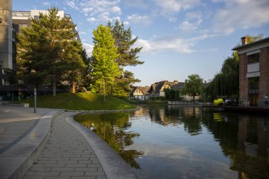 Viyana, Avusturya - 16 Haziran 2023: Viyana Leopoldstadt 'ın ikinci ilçesindeki göl ve binalar