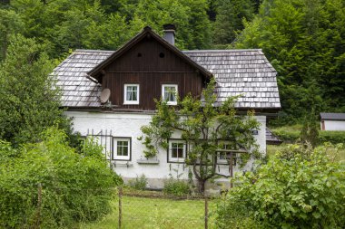 Hallstatt, Avusturya - 17 Haziran 2023: Hallstatt, Avusturya 'daki evler