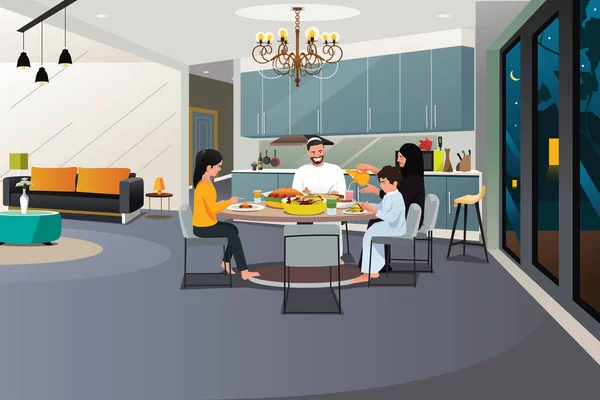 イスラム教徒家族の食べる夕食のベクトル イラストが自宅 — ストックベクタ