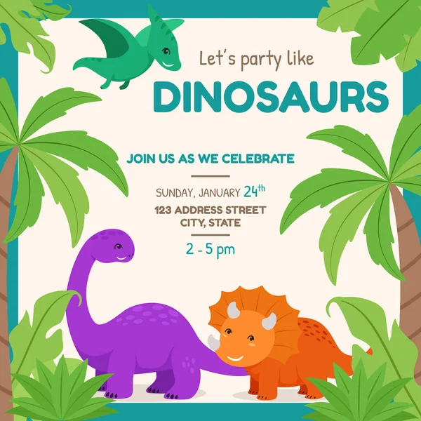 Una Ilustración Vectorial Dinosaurios Themed Party Invitation Card — Vector de stock