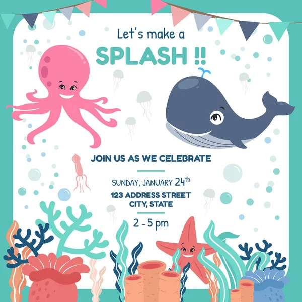 Vektor Illustration Ocean Animals Tema Party Inbjudningskort — Stock vektor