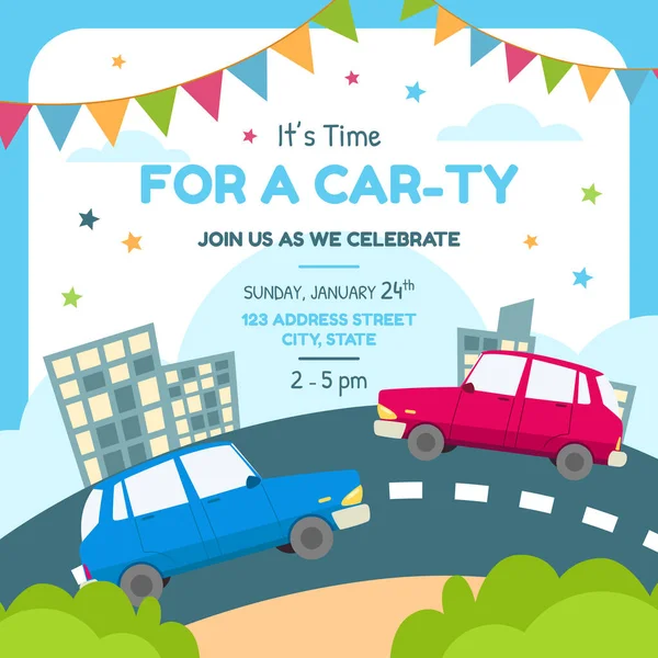 Vector Illustration Car Themed Party Invitation Card — Stock Vector