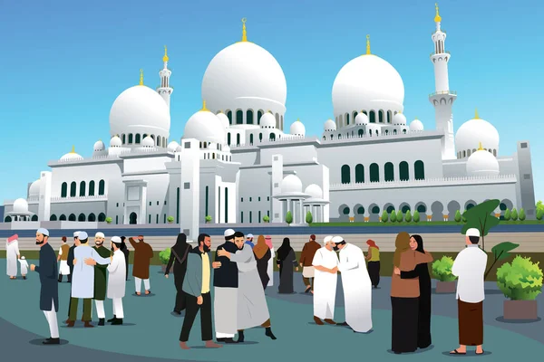 Sebuah Gambar Vektor Muslim Memeluk Satu Sama Lain Depan Masjid - Stok Vektor
