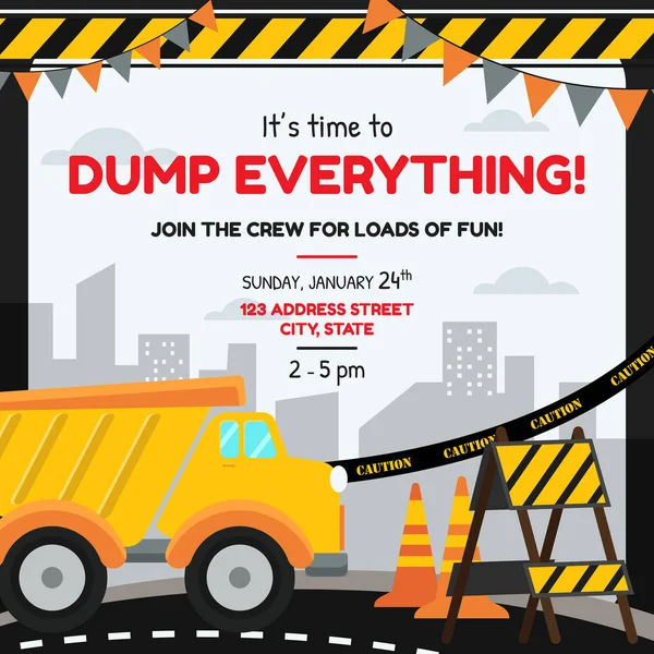 Векторна Ілюстрація Будівництво Dump Truck Theme Party Apvitation Card — стоковий вектор