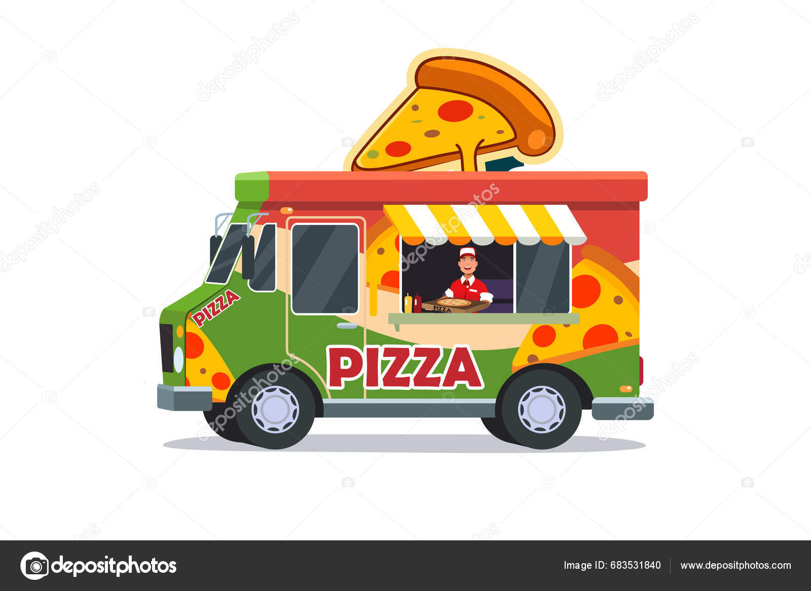 Una Ilustración Vectorial Pizza Food Truck Vendor Vector de Stock de