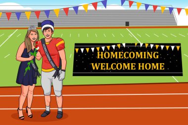 A vector illustration of Homecoming King and Queen at Football Stadium  clipart