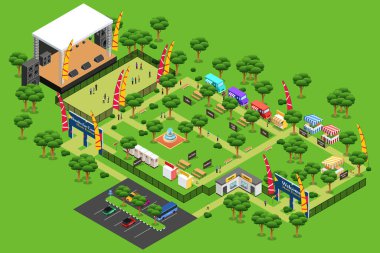 Konser Müzik Festivali 'nin vektör çizimi Park' taki Yaz Isometric Haritası 