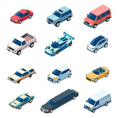 Isometric Farklı Araçlar için bir vektör illüstrasyonu