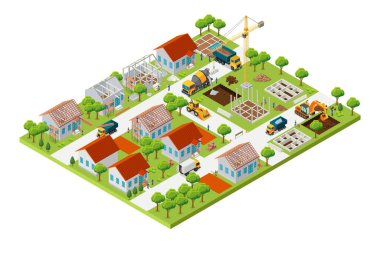 Isometric House İnşaat Geliştirme Endüstrisinin vektör çizimi