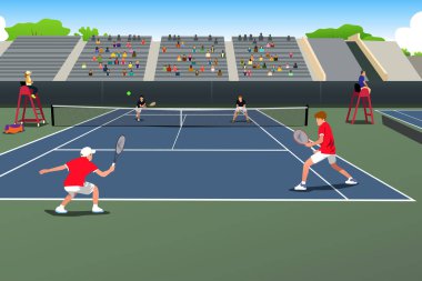 Çifte Takım Yarışması 'nda oynayan Tenis Oyuncularının vektör illüstrasyonu