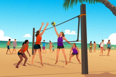 Yaz aylarında plaj voleybolu oynayan kadınların vektör çizimi