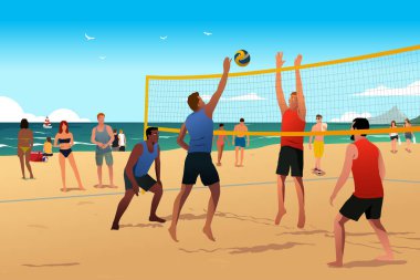 Yazın plaj voleybolu oynayan erkeklerin vektör çizimi