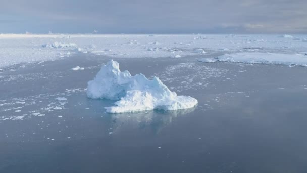 青い大きな氷山の空中ビュー 白い南極パノラマフライト 極海の氷について 氷山が凍った水の周りに浮いている パーマフロスト 南極大陸 — ストック動画